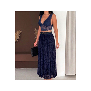 Women's Navy Blue Modest Skirt <b>Elastic</b> Waistband Flocked Tulle 100 Cm Length - Product Image 3
