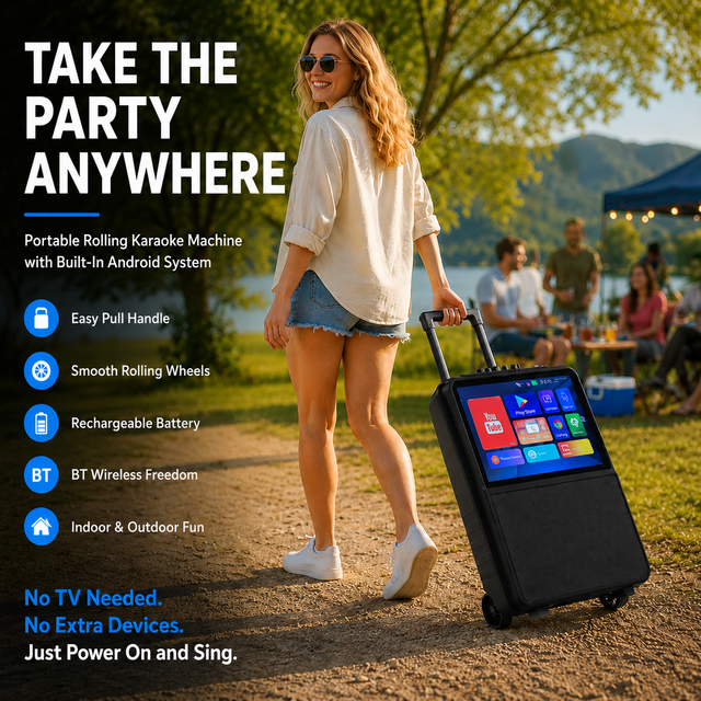 Portable All-in-One Karaoke Machine 15.1" Touch Screen 120W Peak Power Wireless Mics Rolling for Speaker for Home Outdoor