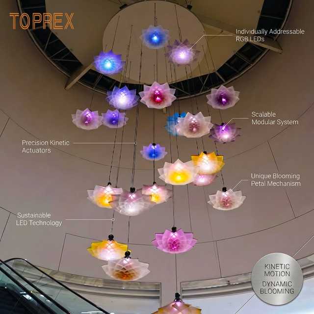 TOPREX Interactive Mechanical Blooming Flower Lights LED Bionic Hanging Lotus for Shopping Mall Atrium Ceiling Decoration