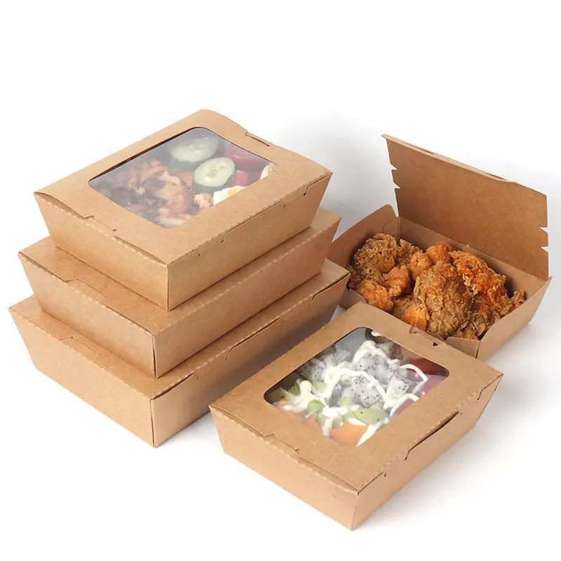 Caja de embalaje desechable para comida, contenedor de papel Kraft, Pasta, Sushi, con ventana