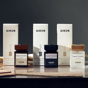 Aikun Gift Company Low MOQ 3 Day Sample Any Scent Lasting 200ML Sticker Square Glass Bottle Beige Box <b>Reed</b> <b>Diffuser</b> Set - Product Image 1