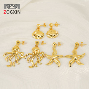 ZOGXIN Ocean Theme Drop <b>Earrings</b> Gold Starfish <b>Octopus</b> Shell 18K Stainless Steel Party Fashion Jewelry - Product Image 1