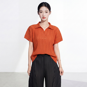 Camiseta Básica Minimalista de Chifón con Cuello en V a Rayas, Plisado Miyake Elegante, Manga Corta Holgada, para el Día a Día de Mujer - Product Image 5
