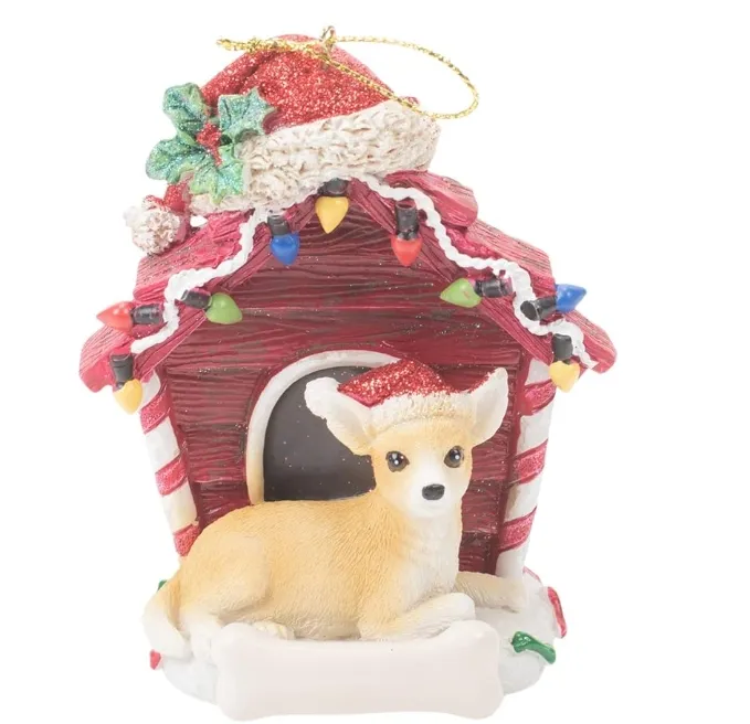 Casa de cachorro em resina personalizada com enfeites de natal para Chihuahua gordo e bronzeado