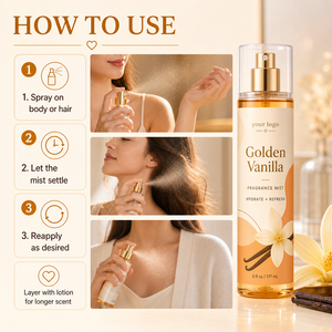 Bruma Corporal Perfumada Golden Vanilla, Hidratante, con Aroma Cálido a Vainilla, Sin Alcohol, Refrescante y Suave, para Uso Diario, Marca Privada - Product Image 4