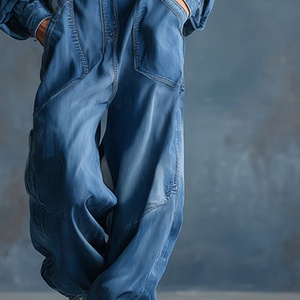 Nouvelle combinaison décontractée et tendance 2025 en jean bleu à capuche, coupe ample, boutonnée sur le devant et à manches longues - Product Image 4