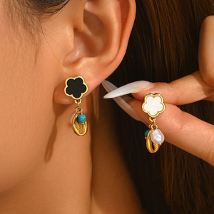 Geometric Five Leaf Clover Drop <b>Earrings</b> With Turquoise Inlay Stainless Steel Ear <b>Posts</b> Zinc Alloy Fashion Jewelry - Product Image 3