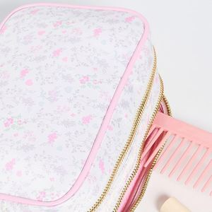 Trousse de Maquillage Florale Écologique Grande Capacité Personnalisable, Pochette Double Fermeture Éclair Pliable, Imperméable, Style Preppy, Portable pour Voyage - Product Image 5