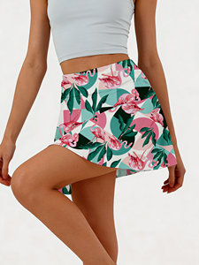 Minifalda Vibrante con Estampado de Flamencos y Hojas Tropicales para Mujer - Diseño Geométrico de Cintura Alta y Estilo Skater - Product Image 1