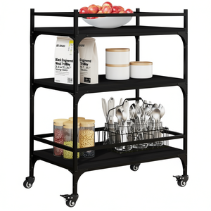 Chariot de cuisine en bois d'ingénierie noir 25,6x15,7x34,1 po avec roulettes et 3 étagères – Solution de rangement - Product Image 1