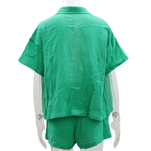 Ropa de mujer 2024 Vocation Conjuntos de dos piezas Pijama familiar de algodón Blusas y pantalones cortos verdes y azules - Product Image 5