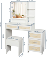 Bureau de vanité Boho en rotin avec miroir et lumières, ensemble de vanité de maquillage de chambre à coucher avec vanités de table de chevet pour les chambres à coucher