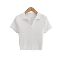 T-shirt en tricot côtelé à col en V pour femmes en coton personnalisé en gros Top court à manches courtes Basic Women's Casual Summer Crop Top Women t Shirt