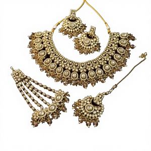 High Quality Ethnic Kundan <b>Gold</b>-Plated Bridal Choker Necklace Earring <b>Set</b> Zircon Pearl Enamel Trendy Women's Wedding Party - Product Image 1