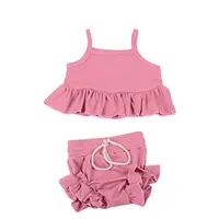 Wholesale rib knitting kids clothing girl solid sing suit baby summer colour ruffle new born baby halter top short set