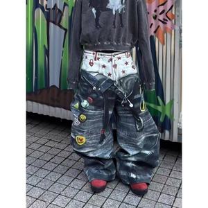 Jeans Vaqueros de Mezclilla con Doble Cintura, Estampado Gráfico, Holgados, Estilo Hip Hop, Patchwork, Retro, Vintage, Personalizados, para Hombre y Mujer - Product Image 4