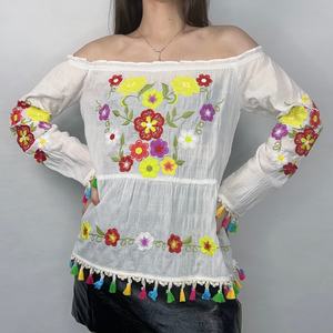 Blusa de Mujer Nueva, Casual, de Algodón y Lino, con Bordado de Encaje Blanco, Manga Larga, Color Blanco - Product Image 1