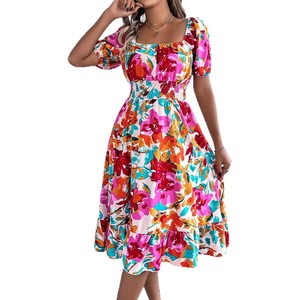 Abito da donna primaverile ed estivo con scollo quadrato, maniche corte, vita sottile, volant e gonna <span class=keywords><strong>a</strong></span> trapezio - Product Image 5