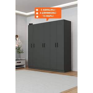 Modern 6-Door Anthracite Cloth Wardrobe with 4 Drawers and 13 <b>Shelves</b> <b>for</b> <b>Bedroom</b> & Hotel Gym Storage - Product Image 6