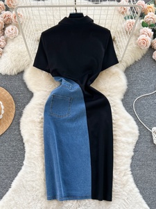 <span class=keywords><strong>Vestido</strong></span> de <span class=keywords><strong>mujer</strong></span> de verano 2026 nuevo estilo retro de mezclilla con bloques de color y empalmes, corte ajustado y manga corta, para venta al por mayor - Product Image 5