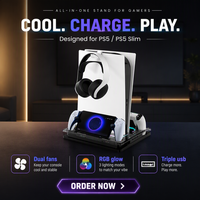 Support de refroidissement PS5 Slim avec double ventilateur RGB 7 couleurs, station de charge pour deux manettes, 3 ports USB 2.0