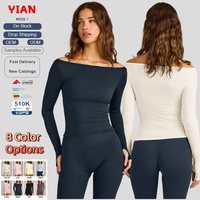Camiseta de yoga de manga larga con hombros descubiertos para mujer, con orificio para el pulgar, ajuste ceñido, suave, para entrenamiento, informal, 8 colores