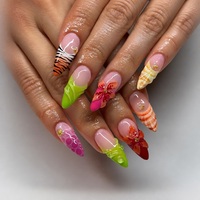 Faux ongles à presser 3D faits main en forme de fleur, couvrance totale, styles variés, décorations dorées, pour salon de beauté, vente en gros