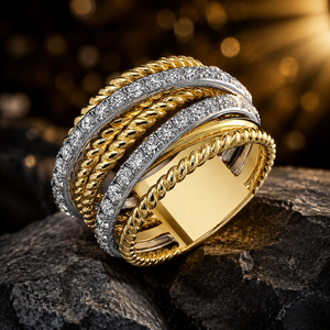 Anello a due toni con più fasce per donna, gioiello da dito a strati alla moda - Product Image 4