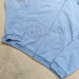 Sweats à capuche personnalisés de haute qualité pour hommes sweat à capuche surdimensionné en coton éponge épais lavé à l'acide bleu 400 g/m² avec fermeture éclair et strass - Product Image 4