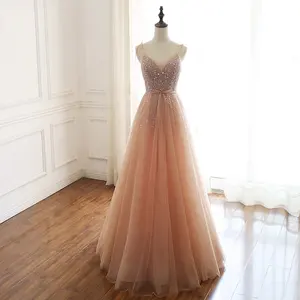 7734 # A-Line สายสปาเก็ตตี้คอวีสีชมพูประดับด้วยลูกปัดแขนกุด Tulle เปลือยหรูหราลูกไม้ชุดแต่งงานเจ้าสาวชุดราตรี