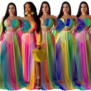 WD64 Summer Rainbow 2 Piece Set Sexy Plus Size Casual Long Women Maxi Striped Dress