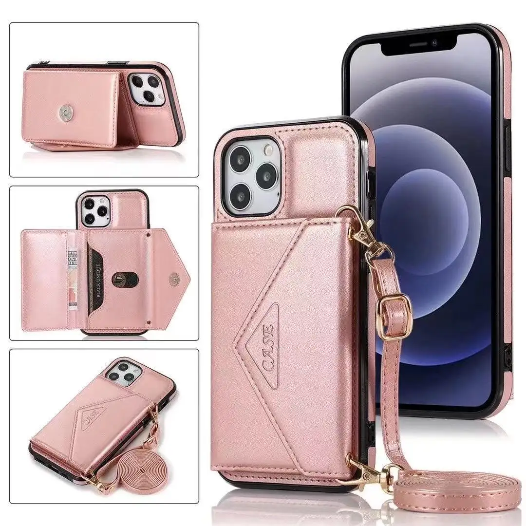 2021 hot sale muti-functional premium leather wallet case for iphone xs flip cover case with shoulder strap mutil card holders