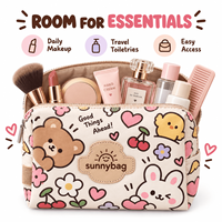 Pochette de maquillage personnalisée en cuir PU imprimé mignon, grande ouverture, grande pochette à cosmétiques de dessin animé, trousse de toilette de voyage