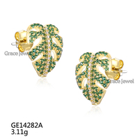 Grace Jewelry Ensemble de boucles d'oreilles et bagues en argent sterling 925, style Ins, pierre verte, feuille de Monstera, pendentif, plaqué or pour fêtes et cadeaux