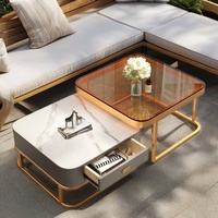 Nouvelle Table Basse Carrée Centrale Design avec Rangement en Bois et Tiroirs Gigognes en Verre Doré