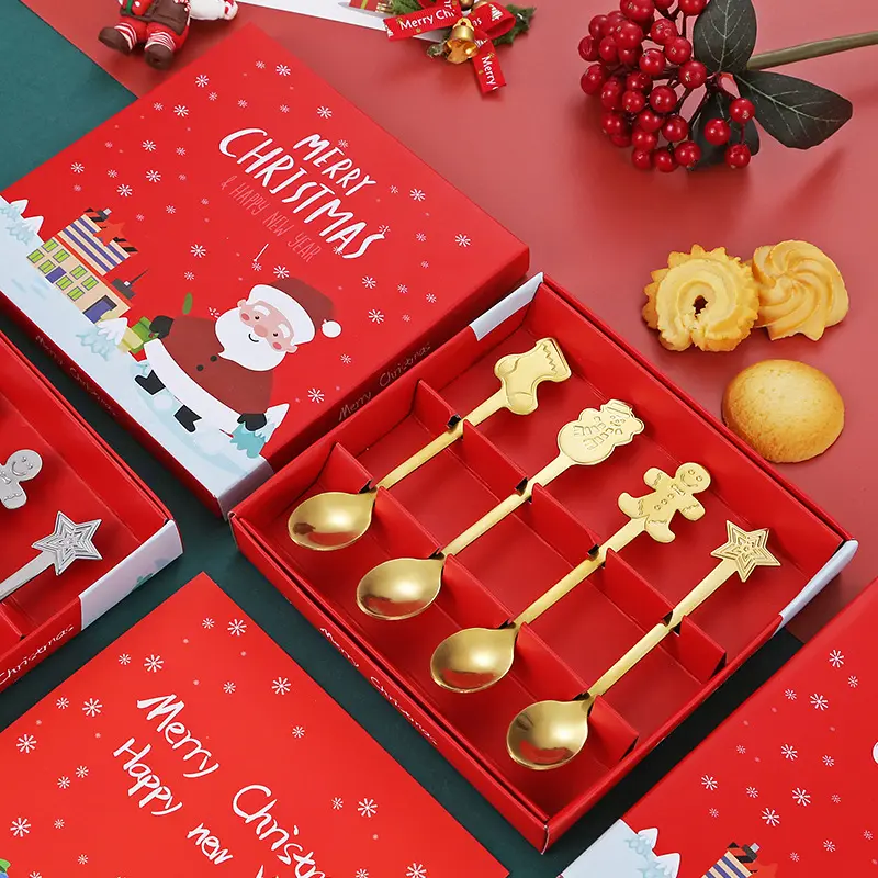 Juego de cucharas de café y té de acero inoxidable, mango de decoración de Navidad de lujo, con caja de regalo, 4 Uds.