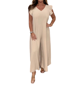 Women's <b>Beige</b> V-Neck Ruffle Sleeve Loose Full Length <b>Jumpsuit</b> Casual Solid Color Crepe Spring Summer Wear - Product Image 1