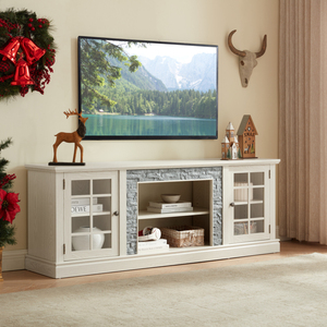 Mueble de TV Moderno de 70 Pulgadas con 2 Puertas de Almacenamiento, Consola Multimedia de Imitación Piedra, Centro de Entretenimiento Grande Blanco para Sala de Estar - Product Image 4