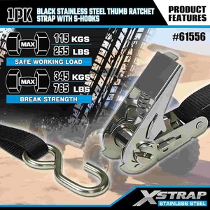 Xstrap 61556 1 Zoll x 10 Fuß Schwarzer Edelstahl Ratschengurt, S-Haken Inklusive, <span class=keywords><strong>255lb</strong></span> Tragkraft Ladungssicherungsgurt - Product Image 4