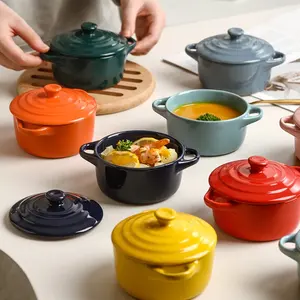 欧式双耳汤碗套装轻便豪华微波陶瓷烤碗创意陶瓷带盖汤碗