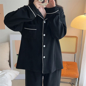 Manufacturers Wholesale Black Lapel Sleeved Women's Sleepwear Sets Long <strong>Pyjama</strong> Woman <strong>Thermal</strong> for Spring Autumn Nighttime Use - Product Image 2