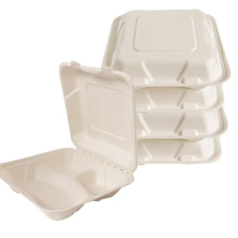 SUMKOKA PFAS libre personalizado impreso desechable Pulpa de caña de azúcar para llevar Clamshell Bento contenedor 3 compartimentos caja de bagazo biodegradable