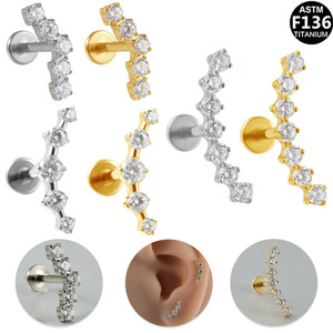 Piercing de lèvre long et incurvé en titane plaqué G23 avec zircon micro-pavé et cristaux ronds, bijou de mode pour fêtes - Product Image 5