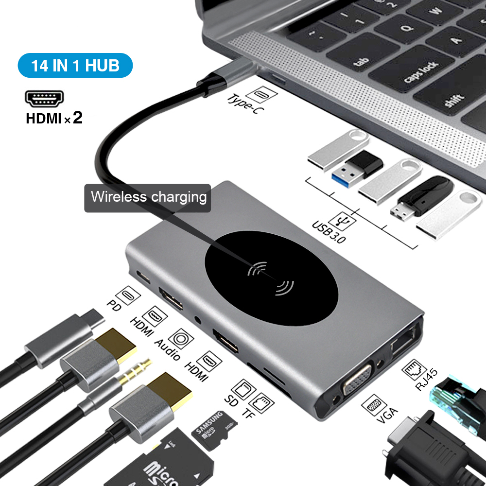 Концентратор usb док-станция для док-станция usb 14-в-1: Тип c к HD-MI * 2 VGA USB3.0 * 5 SD TF RJ45 PD100W RJ45 1000 м AUDIO3.5 10 Вт Серый BASIX