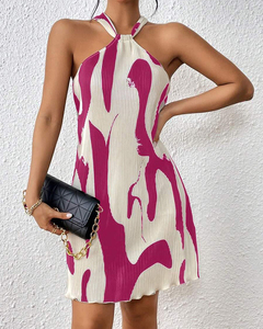 Belle robe d'été pour femmes imprimé licou cou robe plissée Mini tenue décontractée fête rencontres - Product Image 2