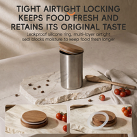 PURECOOK Boîte à café hermétique en acier inoxydable avec couvercle en bois, récipient scellé pour grains de café, thé, épices, rangement de cuisine