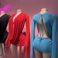 Sexy Mesh Deep V Backless Long Sleeve Solid Color Dress Mini Dress Stretch Sheath Dress Party Club Wear