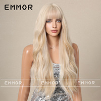 Wig rambut panjang keriting bergelombang besar bergaya platinum blonde, warna biru kecoklatan, model poni lurus ala Eropa Amerika, nomor 63.