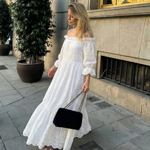 Off Shoulder Eyelet Embroidery Casual Dress Empire Waist Ruffle Hem Loose Summer Maxi Dress - Product Image 3