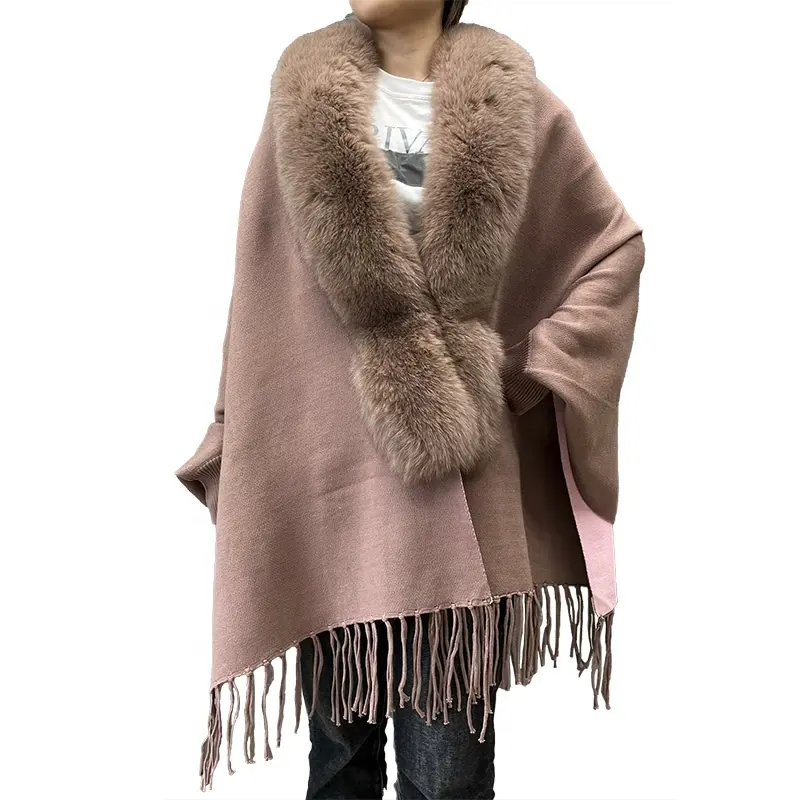 Mantello da donna con scialle Poncho lavorato a maglia con frange di lusso di alta qualità con collo in pelliccia di volpe